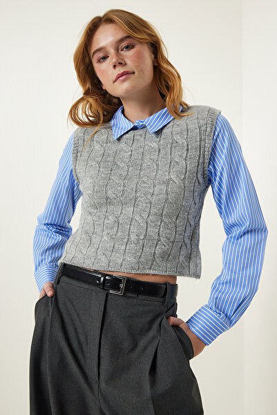 Happiness İstanbul Dámská modrošedá polokošile s páskovým límečkem NS00399