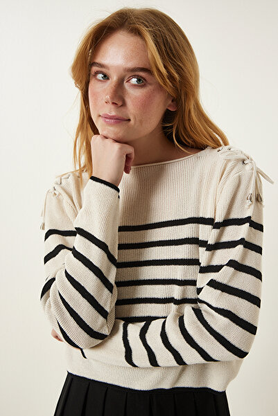 Happiness İstanbul Női krémes fűzőlyuk részletes szezonális csíkos kötöttáru pulóver MW00136