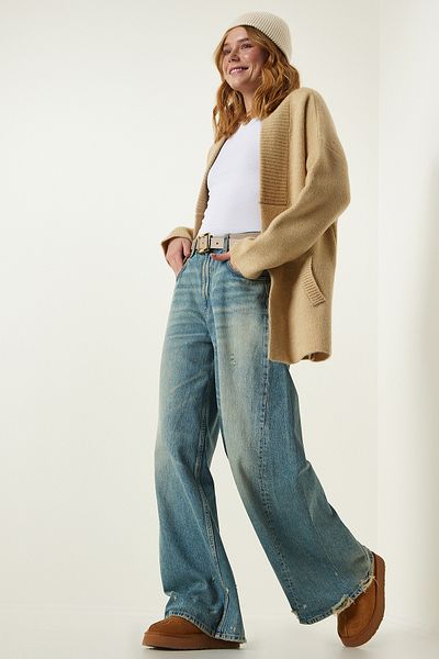 Happiness İstanbul Dicker strukturierter Strick-Cardigan mit Kekstaschen für Damen PF00063