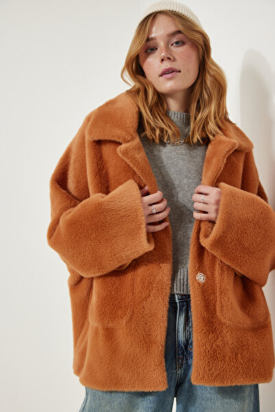 Happiness İstanbul Dámská opálená prémiová oversize bunda s vousy a kapsami FN03171