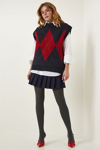 Happiness İstanbul Damen Strickpullover mit Rautenmuster in Marineblau und Rot FN03170