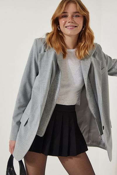 Happiness İstanbul Women's Light Gray Hood Detailed Woven Blazer Jacket FN03174