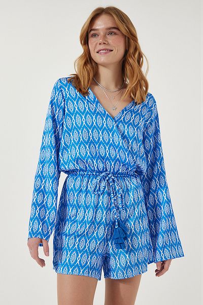 Happiness İstanbul Blau gemusterter Damen-Jumpsuit mit Satinoberfläche, stilvoll, RG00004