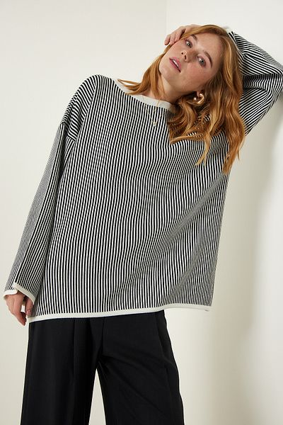 Happiness İstanbul Pulover oversize cu dungi alb-negru pentru femei YY00196