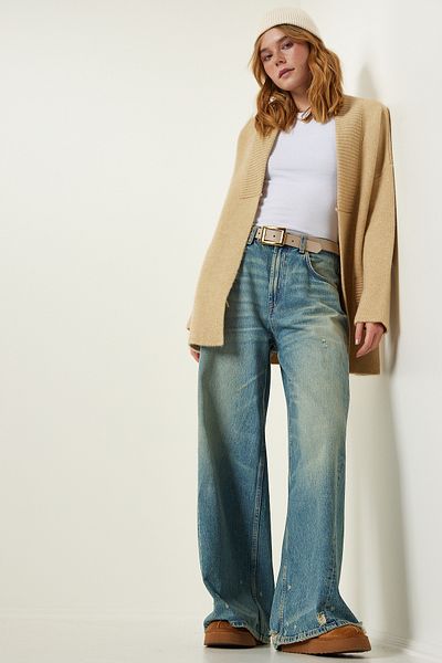 Happiness İstanbul Dicker strukturierter Strick-Cardigan mit Kekstaschen für Damen PF00063