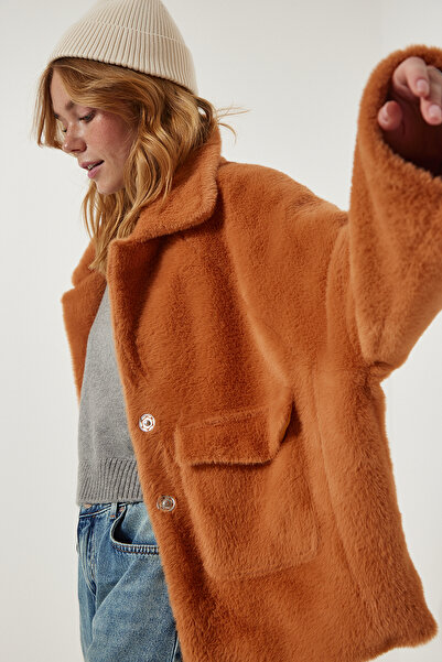 Happiness İstanbul Dámská opálená prémiová oversize bunda s vousy a kapsami FN03171