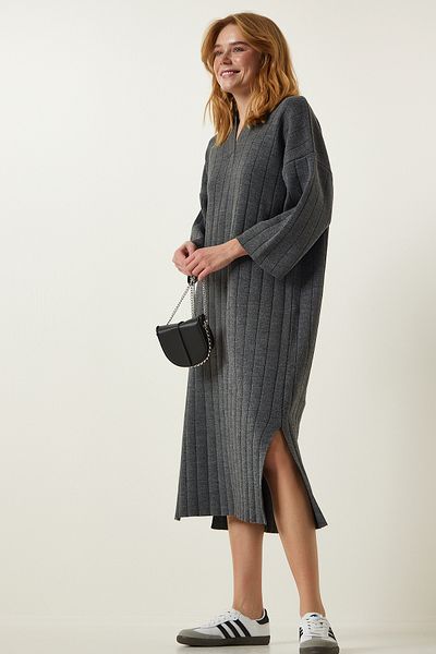 Happiness İstanbul Women's Dark Gray Polo Collar Oversize Knitwear Dress YY00178