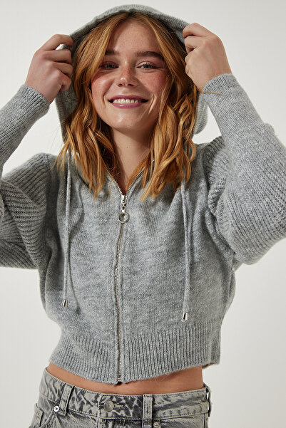 Happiness İstanbul Women's Gray Hooded Zipper Knit Cardigan YY00203