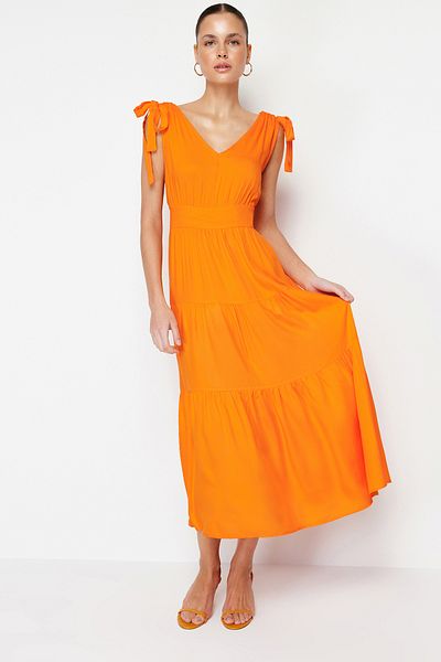 Trendyol Collection Orange A-Cut Flounce V-neck Maxi Woven Dress TWOSS23EL01161