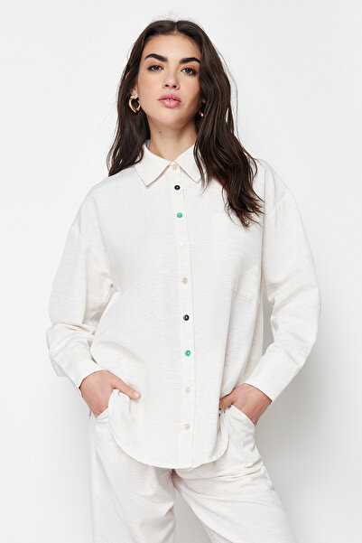 Trendyol Modest Beige Linen Look Shirt Trousers Woven Bottom Top Set TCTSS24US00022