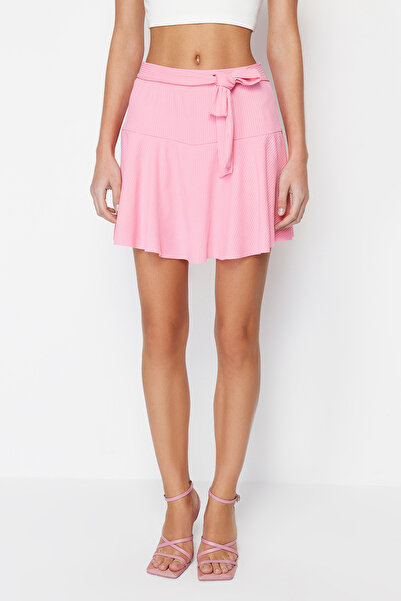 Trendyol Collection Růžová rovná minisukně s vysokým pasem s volánky Pletené šortky Sukně TWOSS21SR0621