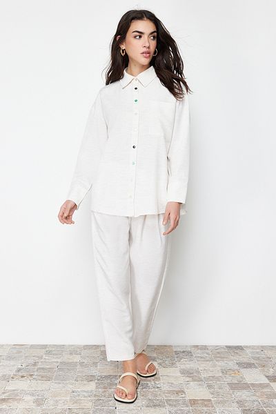 Trendyol Modest Beige Linen Look Shirt Trousers Woven Bottom Top Set TCTSS24US00022