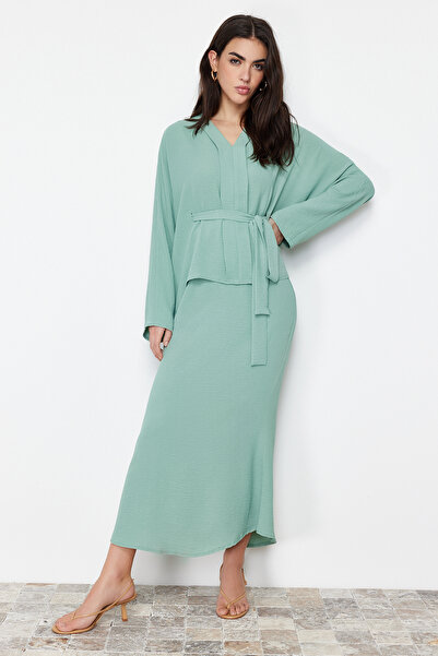 Trendyol Modest Khaki Tie Detailed Woven Aerobin Bottom Top Set TCTSS24US00012