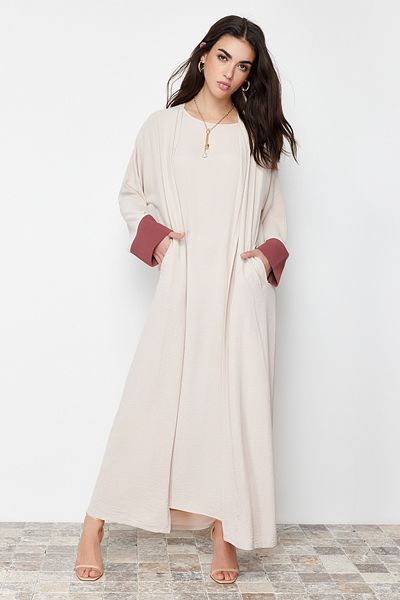 Trendyol Modest Kő színű blokkolt Aerobin Ferace/Abaya &amp; Dress 2 részes szőtt készlet TCTSS24US00033