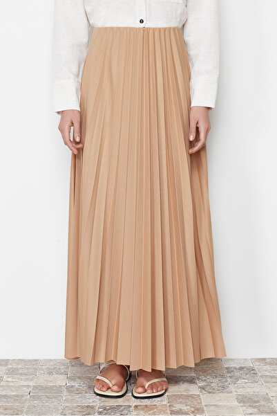 Trendyol Modest Béžová pletená dlouhá sukně - TCTSS24EE00005