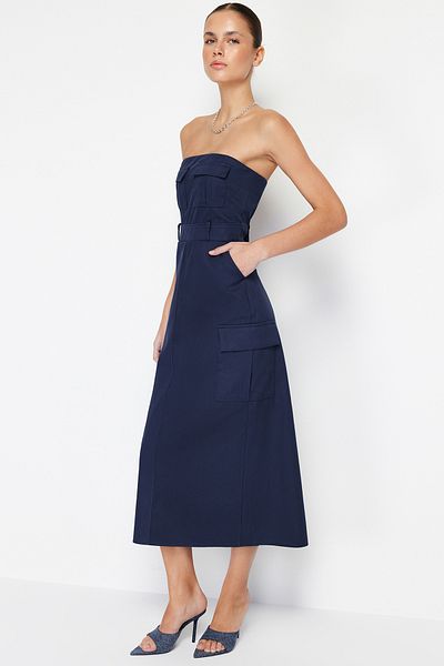 Trendyol Collection Navy Blue Straight Cut Midi Strapless Pocket Detailed Gabardine Woven Dress TWOSS24EL00036
