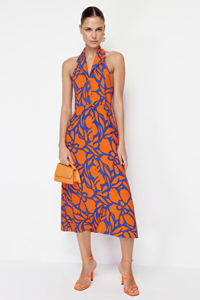 Trendyol Collection Orange Floral Viscose Midi Woven Dress with Shirt Collar TWOSS24EL00455