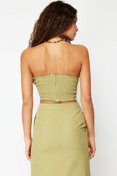 Trendyol Collection Χακί Premium Crop υφασμένη μπλούζα στράπλες TWOSS24BZ00242