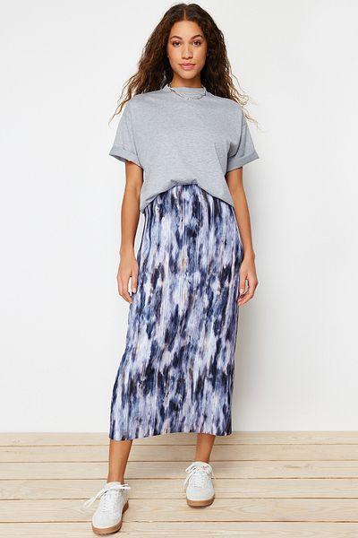Trendyol Collection Fustă tricotată maxi plisată cu talie elastică obișnuită cu imprimeu albastru TWOSS24ET00055