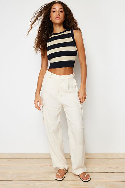 Trendyol Collection Sötétkék Crop csíkos vékony blúz TWOSS22BZ1173