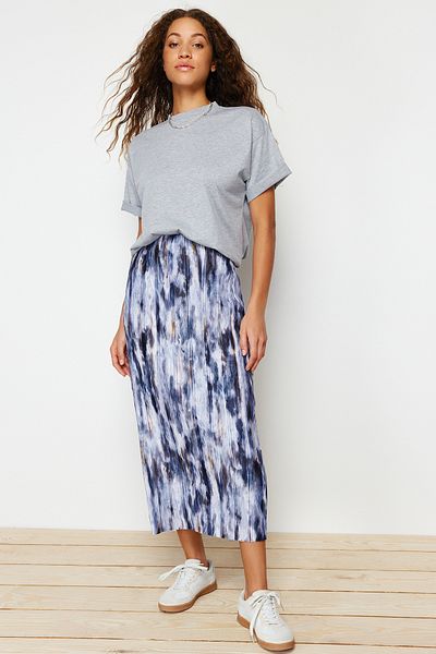 Trendyol Collection Fustă tricotată maxi plisată cu talie elastică obișnuită cu imprimeu albastru TWOSS24ET00055