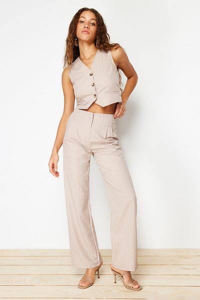 Trendyol Collection Beige gestreifte Webhose mit weitem Bein TWOSS24PL00048