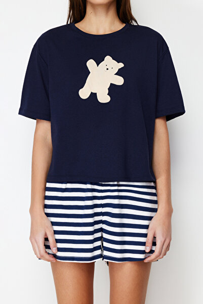Trendyol Collection 100% pamut sötétkék mackó pizsama szett - THMSS24PT00039