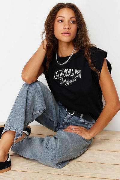 Trendyol Collection Black 100% Cotton Slogan Printed Regular/Regular Fit Crew Neck Knitted T-Shirt TWOSS24TS00020