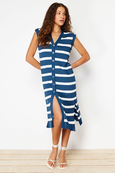 Trendyol Collection Oversize Indigó csíkos Midi kötöttáru ruha - TWOSS22EL1076