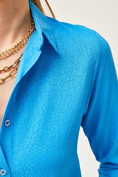 Olalook Women's Leopard Blue Jacquard Satin Detailed Woven Shirt GML-19001173