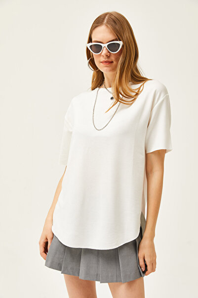 Olalook Tricou alb pentru femei, cu nasturi, cu texturi moale, șase ovale TSH-19000771