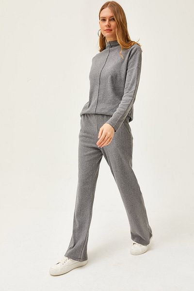 Olalook Damen Geräucherte Hosentasche Unten Hosen Top Stehkragen Bluse Erhaben Anzug TKM-19000254