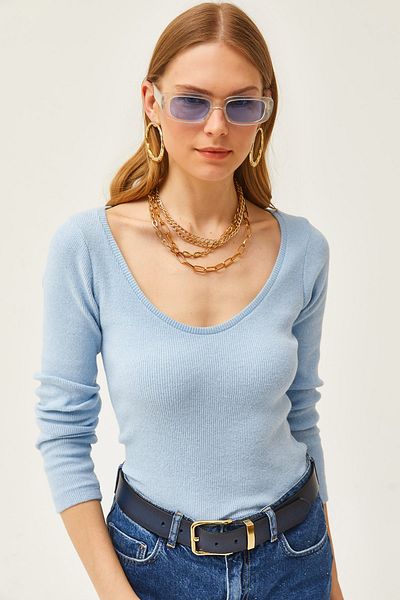 Olalook Women's Baby Blue Pool Collar Ribbed Lycra Blouse BLZ-19002078