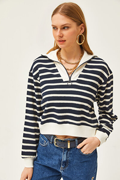 Olalook Kadın Koyu Lacivert Dik Yaka Çizgili Crop Sweatshirt SWT-19000650