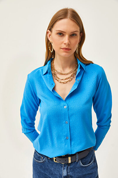 Olalook Women's Leopard Blue Jacquard Satin Detailed Woven Shirt GML-19001173