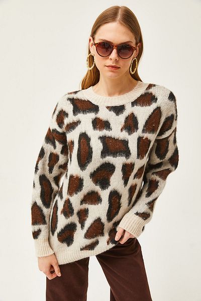 Olalook Women's Ecru Leopard Soft Textured Thick Knitwear Sweater KZK-19000798