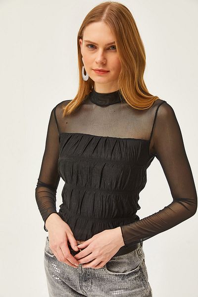 Olalook Women's Black Lined Crop Tulle Blouse BLZ-19002481