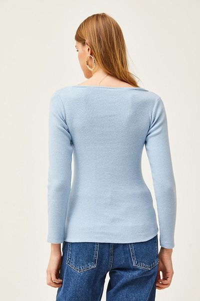 Olalook Women's Baby Blue Pool Collar Ribbed Lycra Blouse BLZ-19002078