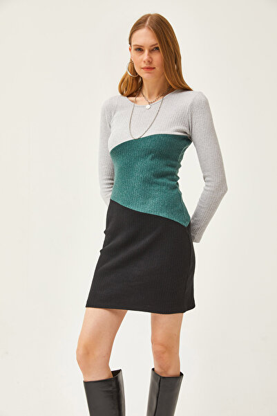 Olalook Kadın Gri Yeşil Siyah Renk Bloklu Şardonlu Mini Elbise ELB-19002040
