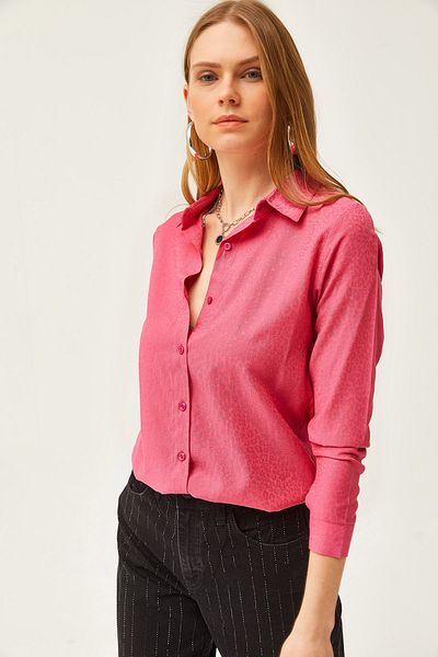 Olalook Women's Leopard Fuchsia Jacquard Satin Detailed Woven Shirt GML-19001173