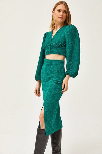 Olalook Women's Petrol Green Slit Skirted Knitted Suit TKM-19000255