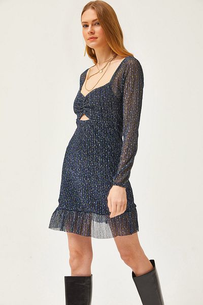 Olalook Marineblaues, tief ausgeschnittenes, gefüttertes, glänzendes Minikleid für Damen ELB-19002035