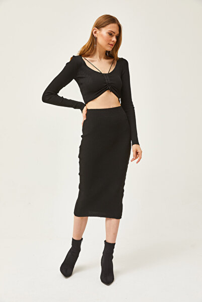 Olalook Women's Black Collar Detailed Blouse Skirt Knitwear Set TKM-19000256