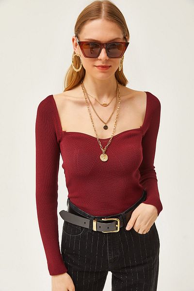 Olalook Bluză din tricot scurtă cu guler Kiss Bordeaux pentru femei BLZ-19001690