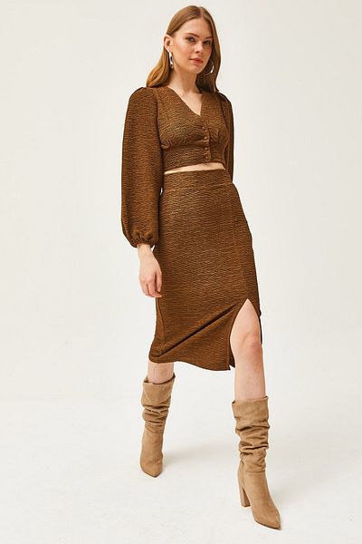 Olalook Brauner Strickanzug mit Schlitzrock für Damen TKM-19000255