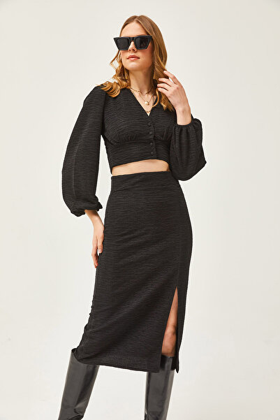 Olalook Női fekete hasított szoknyás kötött szett TKM-19000255