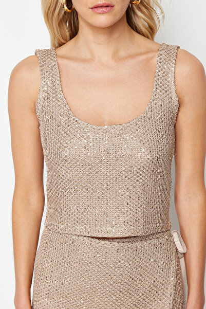 Trendyol Collection Beige Crop Shiny Sequin Embroidered Top Knitwear Blouse TWOSS24BZ00154