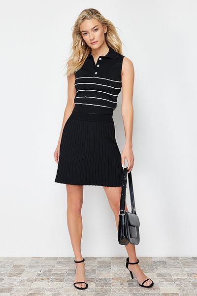 Trendyol Collection Black Polo Collar Pleated Skirt Knitwear Top and Bottom Set TWOSS24AU00009