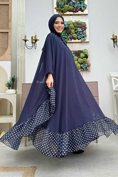 Bym Fashion Navy Blue Chiffon Cape Dress Set - Spotted Collar Detail, Model 3643