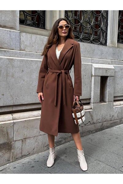 Kadın Premium Kaşe Kemerli Düğmesiz Çift Cepli Uzun Boy Regular Fit Kaban-Kahverengi